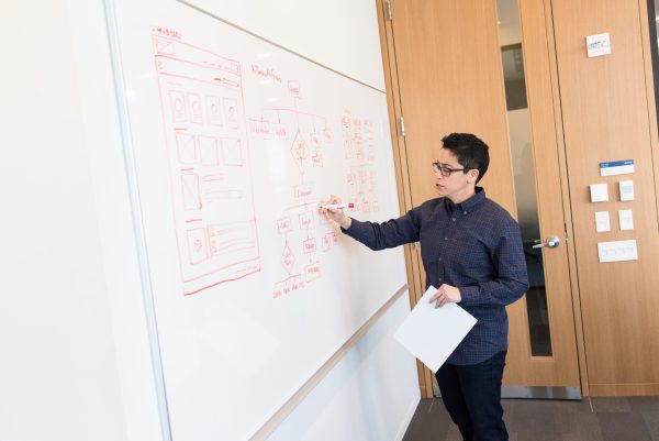 Teacher writing on whiteboard with red marker